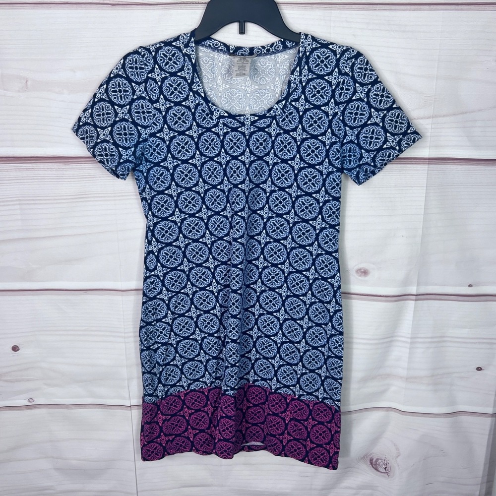 Tommy Bahama Dress Womens XS‎ Blue Geometric T-Shirt Short Sleeve Cotton Stretch